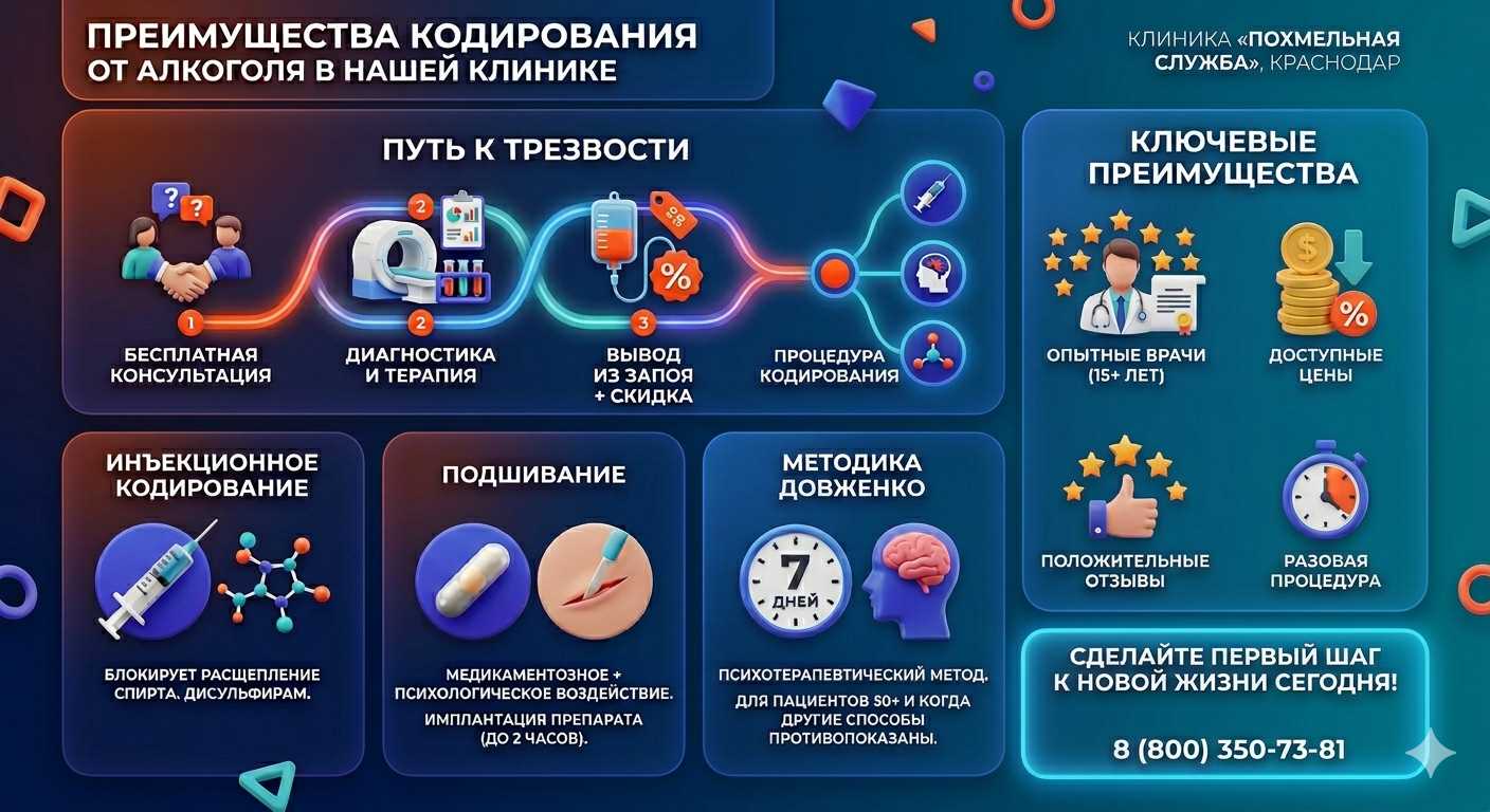 Инфографика о методах кодирования от алкоголя в Какашуре: инъекции, подшивание, метод Довженко. Преимущества клиники и этапы лечения.
