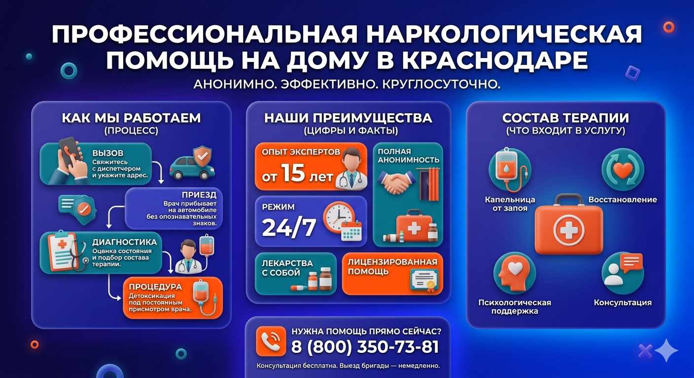 Инфографика о принципах лечения алкоголизма на дому в Какашуре: этапы вызова нарколога, преимущества анонимной детоксикации и состав медицинской помощи.